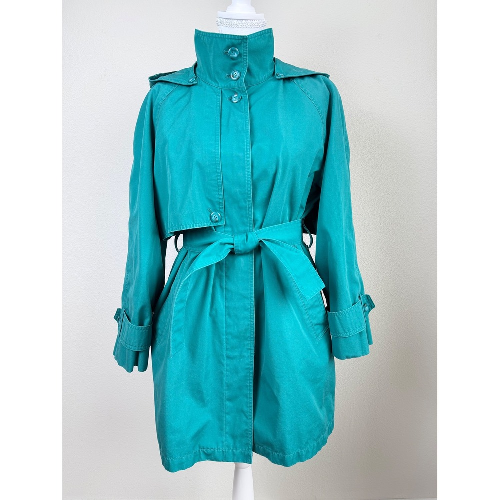 VTG London Fog Women Trench Coat 6 Teal Belted Detachable Liner Hooded Korea